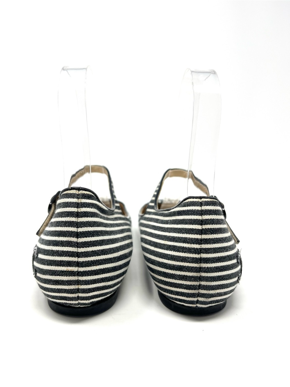 Vintage Vtg Chanel Mary Jane Ballet Flats Black White Striped Cap Toe CC Logo 37 - Picture 6 of 11
